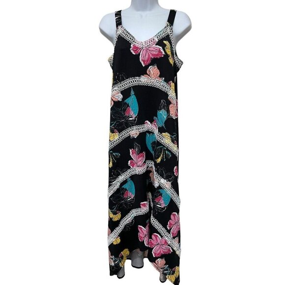 Black Floral Maxi Dress‎ Hi-Lo Hem Sz Med Beach Vacation Y2K babydoll Romantic - Picture 1 of 8